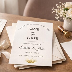 **Alt Text:**
Elegant save the date wedding invitation card with matching envelopes, satin ribbon, wax seal stamp, and floral arrangement on a wooden table, showcasing luxury wedding stationery for modern wedding announcements and bridal event planning.