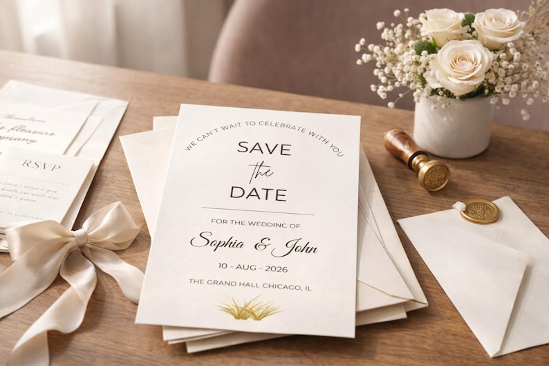**Alt Text:**
Elegant save the date wedding invitation card with matching envelopes, satin ribbon, wax seal stamp, and floral arrangement on a wooden table, showcasing luxury wedding stationery for modern wedding announcements and bridal event planning.