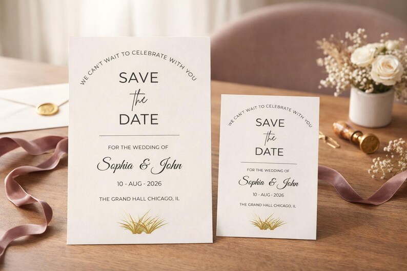 May include: Two white Save the Date cards with black text reading We Can't Wait To Celebrate With You, Save the Date, For the Wedding of Sophia & John, 10-Aug-2026, and The Grand Hall Chicago, IL, featuring a gold grass illustration at the bottom.