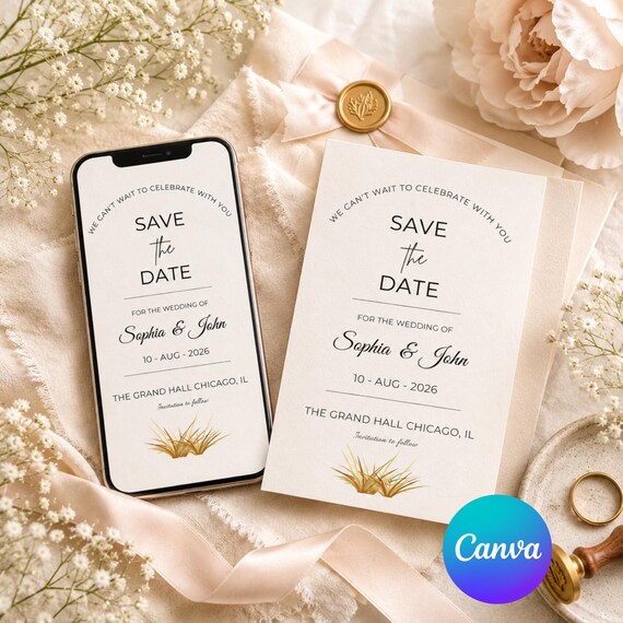 Modern Minimalist Save the Date Template | Digitale Wedding invitation Card | Printable and Mobile Share | Canva Editable | instant dowload
