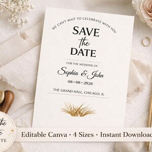 **Alt Text:**
Editable save the date wedding invitation template featuring elegant floral styling, soft neutral tones, wax seal accents, and Canva customization options, perfect for printable wedding announcements, bridal stationery, and instant digital download.