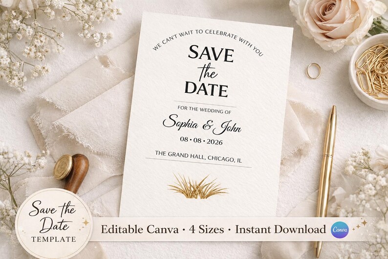 **Alt Text:**
Editable save the date wedding invitation template featuring elegant floral styling, soft neutral tones, wax seal accents, and Canva customization options, perfect for printable wedding announcements, bridal stationery, and instant digital download.