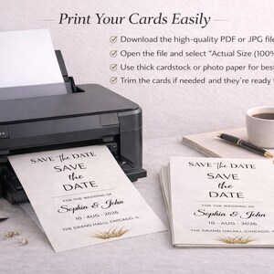 **Alt Text:**
Printable save the date wedding invitation template being printed at home, featuring elegant wedding stationery, DIY wedding card design, high-quality printable invitation, and modern wedding announcement for easy home printing.