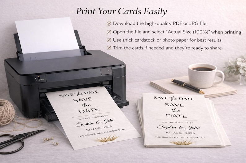 **Alt Text:**
Printable save the date wedding invitation template being printed at home, featuring elegant wedding stationery, DIY wedding card design, high-quality printable invitation, and modern wedding announcement for easy home printing.
