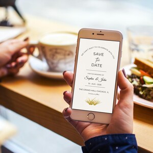 **Alt Text:**
Digital save the date wedding invitation displayed on a smartphone screen, showcasing a modern mobile wedding announcement template, electronic wedding invite, and elegant digital wedding stationery for online sharing.