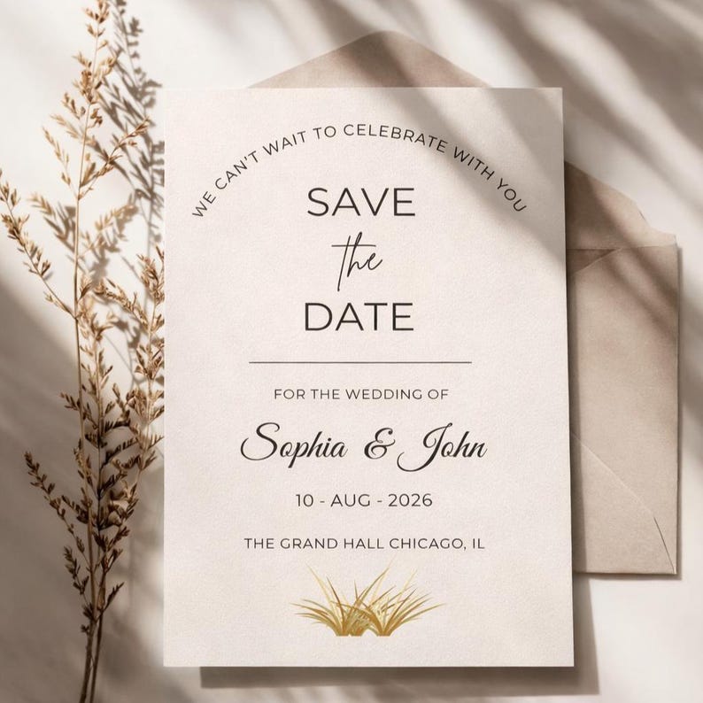 May include: A cream-colored Save the Date wedding card with black text reading We Can't Wait To Celebrate With You, Save the Date, for the wedding of Sophia & John, 10-AUG-2026, The Grand Hall Chicago, IL, featuring a gold grass illustration.