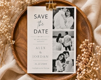 Black and White Photo Strip Save The Date Wedding Template card, Modern Couple Photo Collage Invite, Editable Canva, Digital Download,Unique