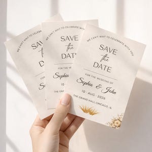 **Alt Text:**
Elegant save the date wedding invitation cards held in hand, featuring a minimalist wedding announcement design with soft neutral tones, premium wedding stationery, and modern bridal invitation cards for wedding planning.