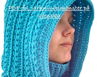 PDF virkningsmönster till balaklava/luva med krage. Bildstöd och steg för steg. Mönster på svenska.