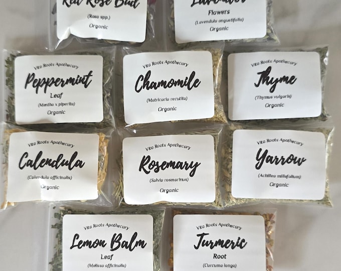 Organic Beginner Apothecary, 10 Herb Sampler Kit: Tea, Self-Care & Cooking, Mortar and Pestle Optional