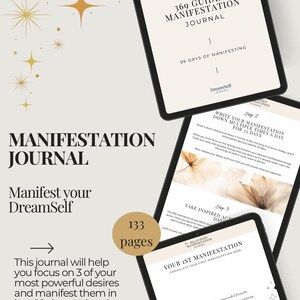 May include: A manifestation journal with a cream-colored cover and the text "369 Guided Manifestation Journal." The journal has 133 pages and promises to help users focus on their desires. The journal's pages are visible, with text and illustrations.