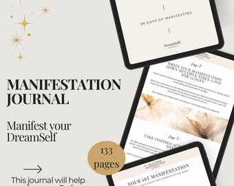 May include: A manifestation journal with a cream-colored cover and the text "369 Guided Manifestation Journal." The journal has 133 pages and promises to help users focus on their desires. The journal's pages are visible, with text and illustrations.