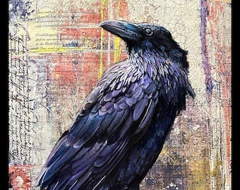 Raven gothic art collage, crow painting print