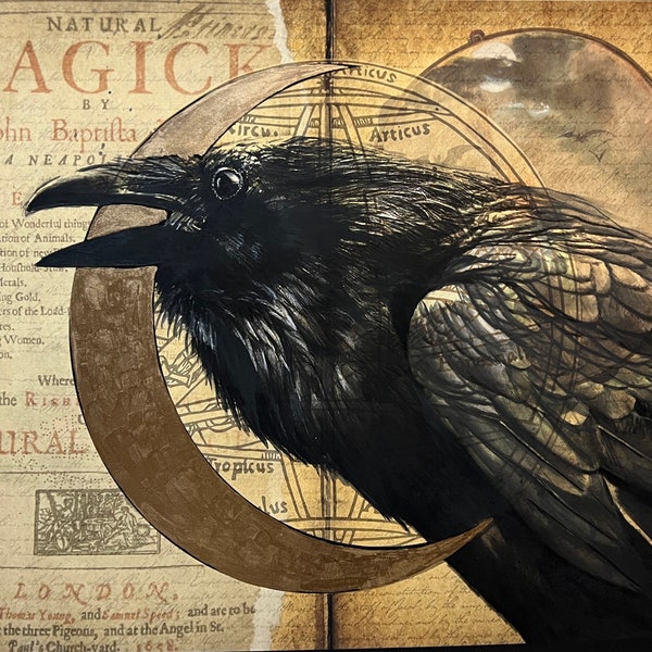 Impression d’illustration gothique de corbeau et de lune, 11x14 », avec détail en or or orné à la main en option