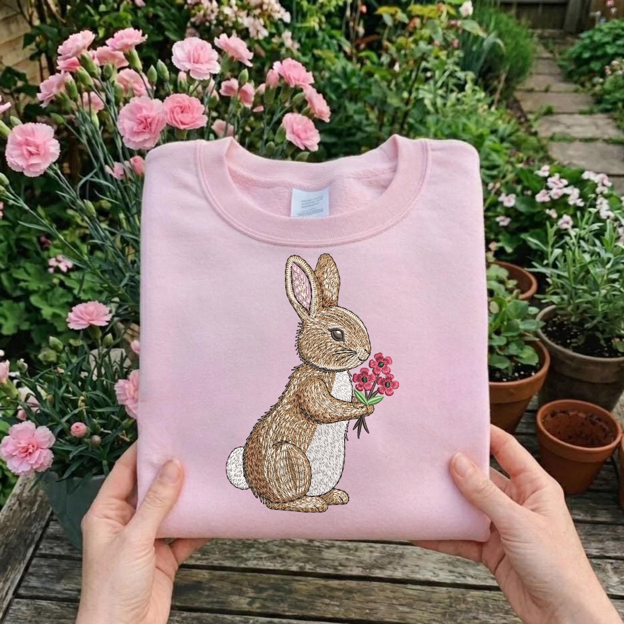 Rabbit Holding Flower Bouquet Embroidery Design, Cute Bunny With Pink ...