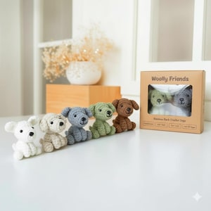 May include: Five crocheted dog figurines in white, beige, grey, green, and brown are arranged in a row. A boxed set of three similar dogs is also present. The box reads "Woolly Friends" and "Rainbow Pack Crochet Dogs". The dogs are sitting.