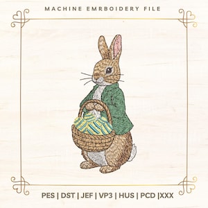May include: Machine embroidery file featuring a detailed illustration of a rabbit wearing a green jacket and holding a basket filled with colorful eggs. The design is framed with a gold border and includes the text "MACHINE EMBROIDERY FILE".