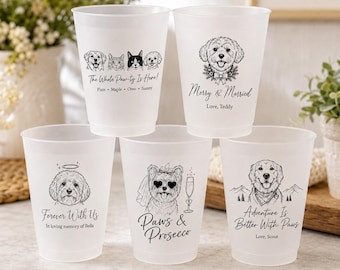 Vasos de plástico esmerilado personalizados para bodas rústicas con mascotas, vasos con diseño de huella de montaña, vajilla con arte lineal en negro, juego de regalos personalizados para despedida de soltera.