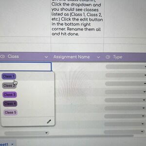May include: Screenshot of a spreadsheet interface with a dropdown menu showing class options: Class 1, Class 2, Class 3, Class 4, and Class 5. The interface includes column headers and checkboxes.
