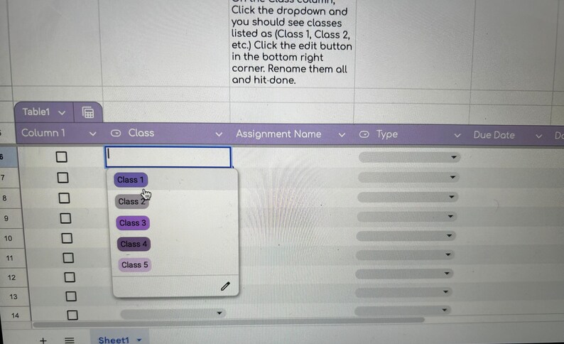 May include: Screenshot of a spreadsheet interface with a dropdown menu showing class options: Class 1, Class 2, Class 3, Class 4, and Class 5. The interface includes column headers and checkboxes.