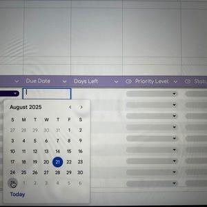 May include: A computer screen showing a digital calendar interface. The calendar displays August 2025, with the 21st highlighted. The interface includes fields for 'Due Date', 'Days Left', 'Priority Level', and 'Status'.