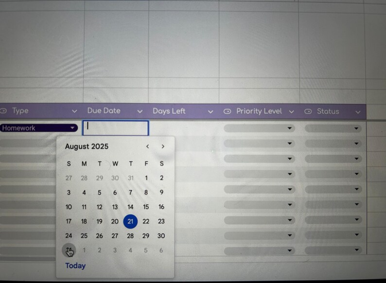 May include: A computer screen showing a digital calendar interface. The calendar displays August 2025, with the 21st highlighted. The interface includes fields for 'Due Date', 'Days Left', 'Priority Level', and 'Status'.