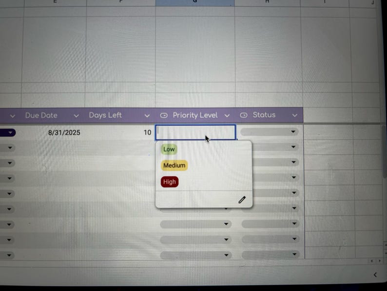 May include: Screenshot of a spreadsheet with data entry fields. A dropdown menu is open, displaying priority levels: Low, Medium, and High. The spreadsheet has columns for Due Date, Days Left, Priority Level, and Status.
