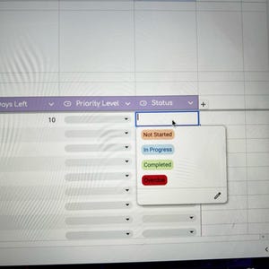 May include: A computer screen displaying a spreadsheet interface. Columns include 'Date', 'Days Left', 'Priority Level', and 'Status'. A dropdown menu offers status options: 'Not Started', 'In Progress', 'Completed', and 'Overdue'.