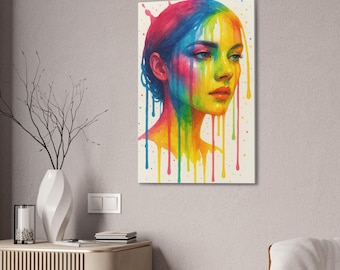 Rainbow Watercolor Portrait | Abstract Female Face Art | Colorful Drip Painting Printable | Modern Wall Decor