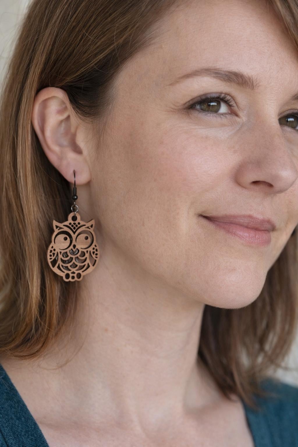 Laser Cut Walnut Wood Owl Earrings &ndash; Hypoallergenic Dangles