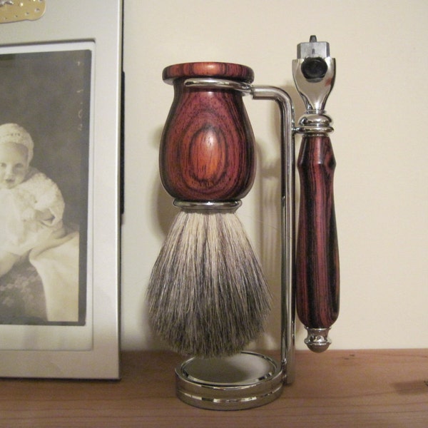 Shaving Set with Badger Hair Shaving Brush, Razor and Stand, Hand Turned Cocobolo Wood