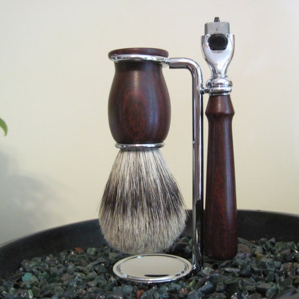 Badger Hair Shaving Brush, Razor and Stand, Hand Turned Cocobolo Wood