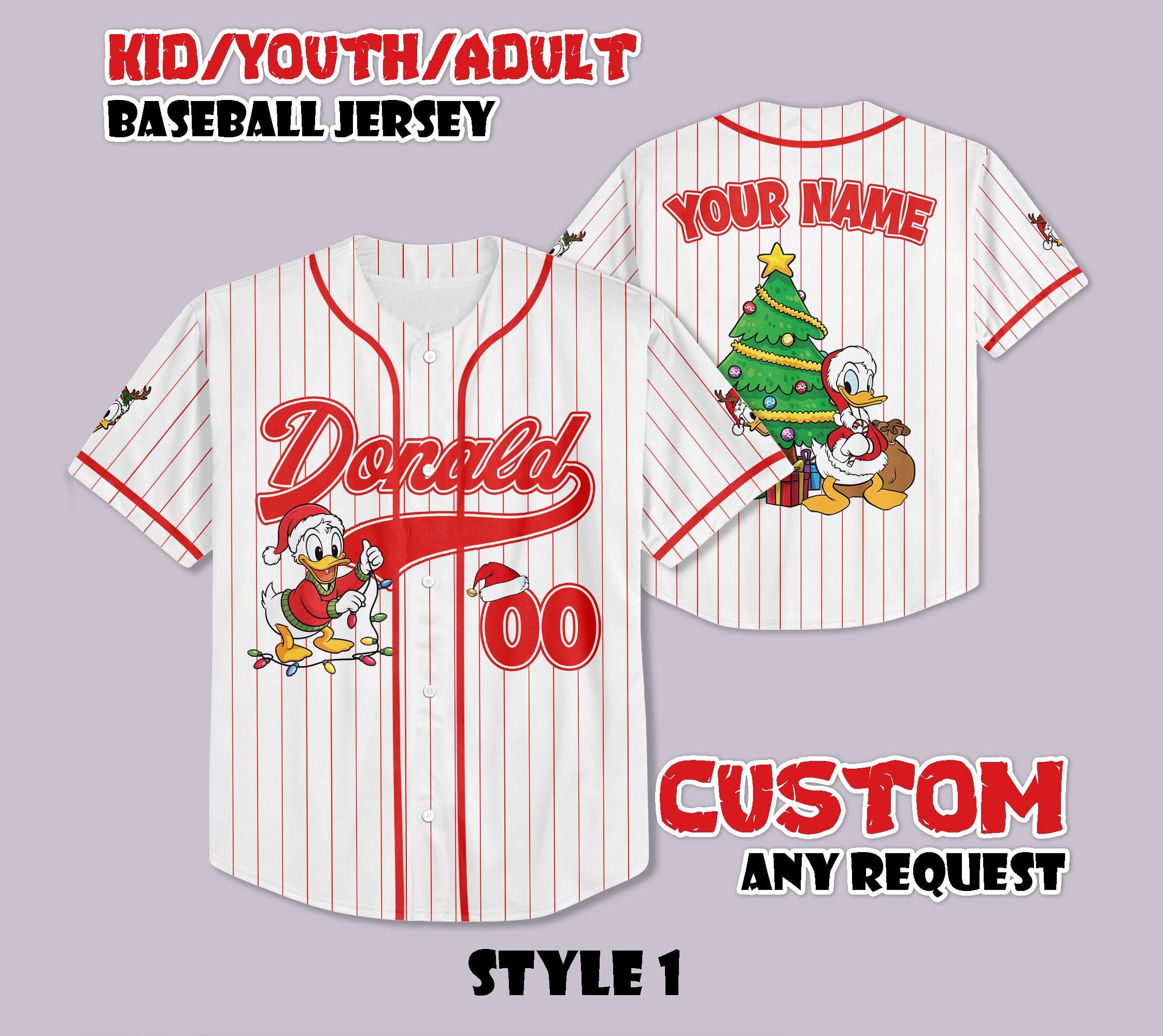 Discover Personalized Disney Donald Duck Christmas Baseball Jersey, Donald's Very Merry Christmas Party 2025, Disney World Family Matching Xmas Gift