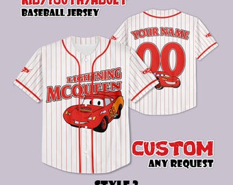 Custom Disney Cars Lightning McQueen Baseball Jersey Sports Shirt Personalized Name Number Kids Gift