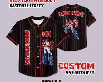 May include: Black baseball jersey with red pinstripes, featuring Optimus Prime graphics. The jersey has the text "OPTIMUS PRIME" vertically down the front, the number "00", and "YOUR NAME" on the back. The jersey is labeled "KID/YOUTH/ADULT BASEBALL JERSEY" and "CUSTOM ANY REQUEST".