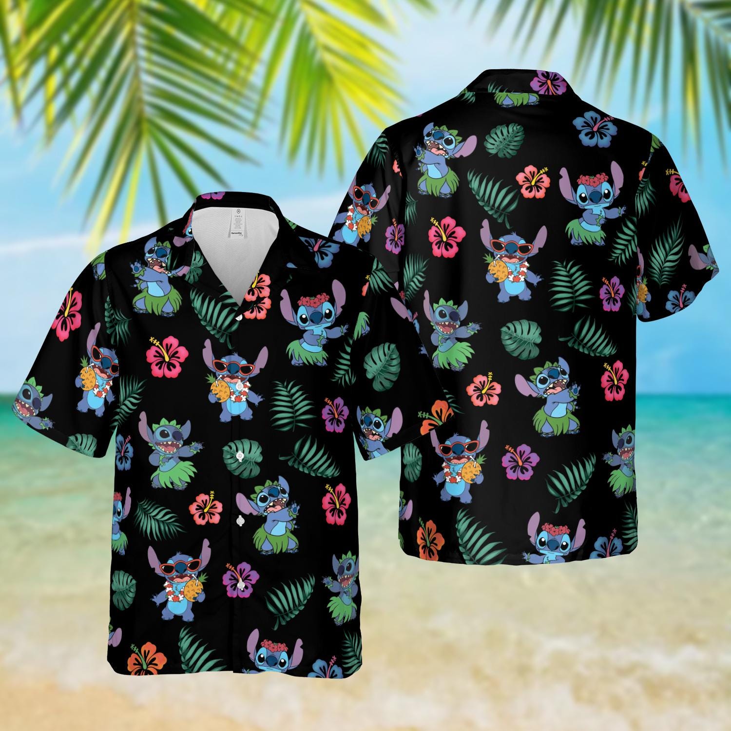 Discover Stitch Floral Hawaiian Shirt, Black Tropical Stitch Button Shirt, Disney Summer Vacation Gift