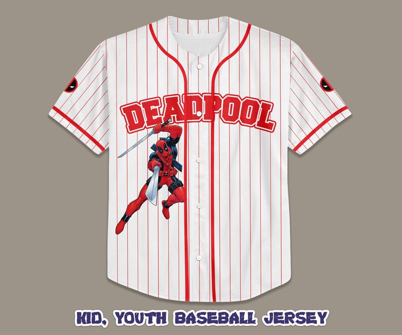 May include: White and red pinstripe baseball jersey featuring the word "DEADPOOL" in red block letters. A graphic of Deadpool in a dynamic pose with swords is on the front. The jersey has red trim and a Deadpool logo on the sleeve.