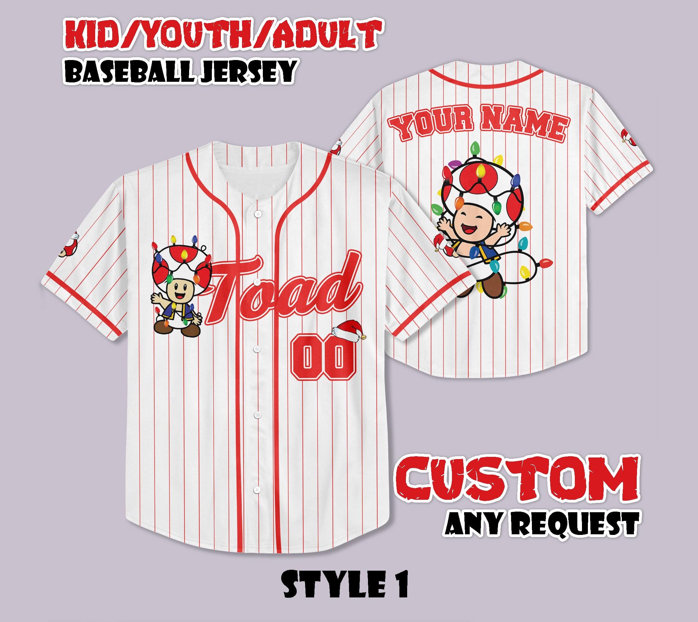 Discover Custom Toad Mushroom Kingdom Christmas Baseball Jersey, Nintendo Super Mario Shirt, Personalized Super Mario Xmas Jersey, Christmas Gifts