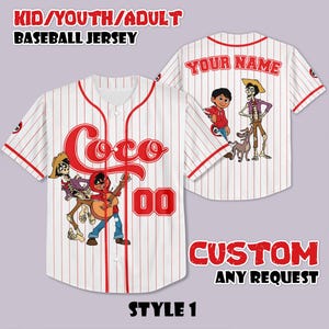 May include: White baseball jersey with red pinstripes, featuring the word "Coco" in red script and the number "00". The front displays cartoon characters. The back has "YOUR NAME" and more characters. Text at the top says "KID/YOUTH/ADULT BASEBALL JERSEY".