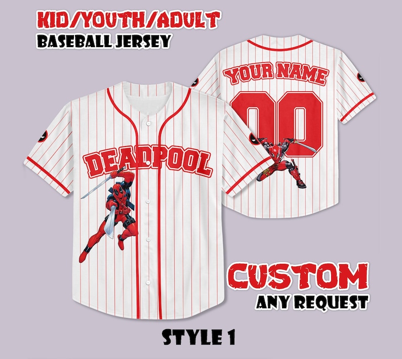 May include: White baseball jersey with red pinstripes, featuring "DEADPOOL" across the chest and a Deadpool graphic. The back displays "YOUR NAME" and a number. The jersey is labeled "KID/YOUTH/ADULT BASEBALL JERSEY" and "CUSTOM ANY REQUEST".