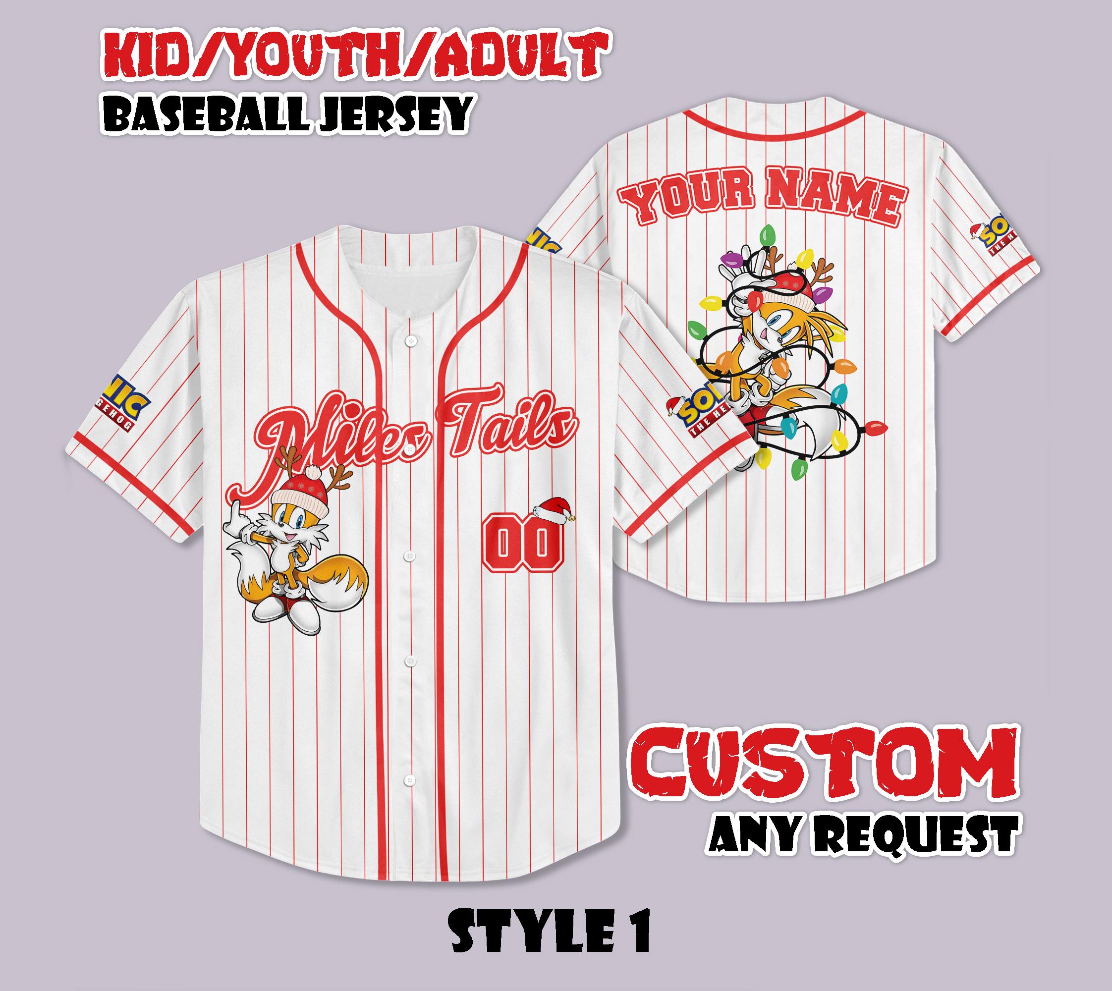 Discover Custom Miles Tails Christmas Baseball Jersey, Funny Sonic Party Shirt, Personalized Miles Tails Xmas Jersey Shirt, Christmas Gifts