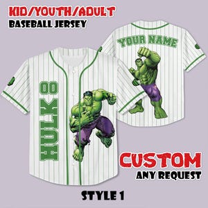 May include: White baseball jersey with green pinstripes and accents. The jersey features a large graphic of the Hulk, the number 8, and the word "HULK" in green. The text "YOUR NAME" is on the back. The text "KID/YOUTH/ADULT BASEBALL JERSEY" is at the top.