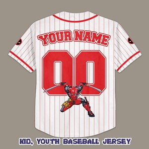 May include: White and red pinstripe baseball jersey with the text "YOUR NAME" above large red numbers. A Deadpool graphic is featured below the numbers. The jersey has red trim and the text "KID, YOUTH BASEBALL JERSEY" at the bottom.