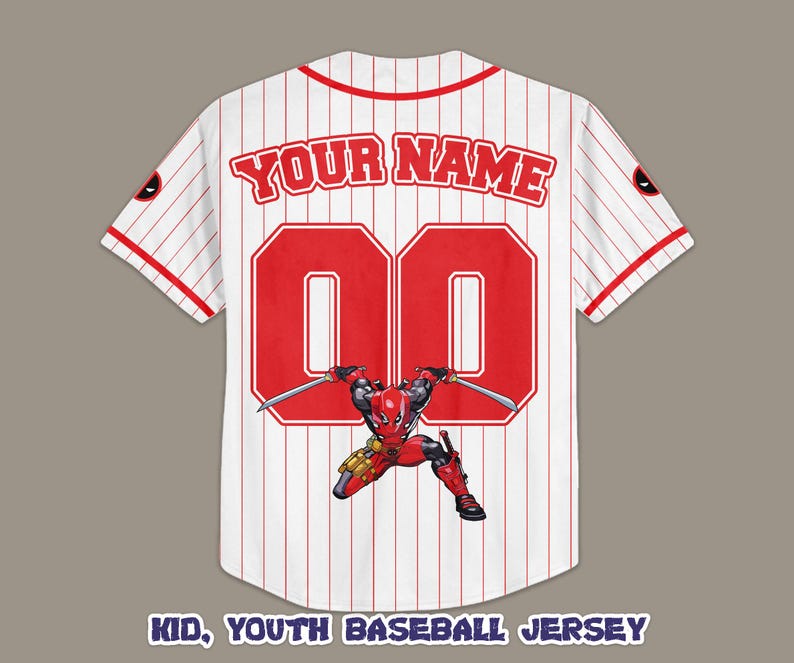May include: White and red pinstripe baseball jersey with the text "YOUR NAME" above large red numbers. A Deadpool graphic is featured below the numbers. The jersey has red trim and the text "KID, YOUTH BASEBALL JERSEY" at the bottom.