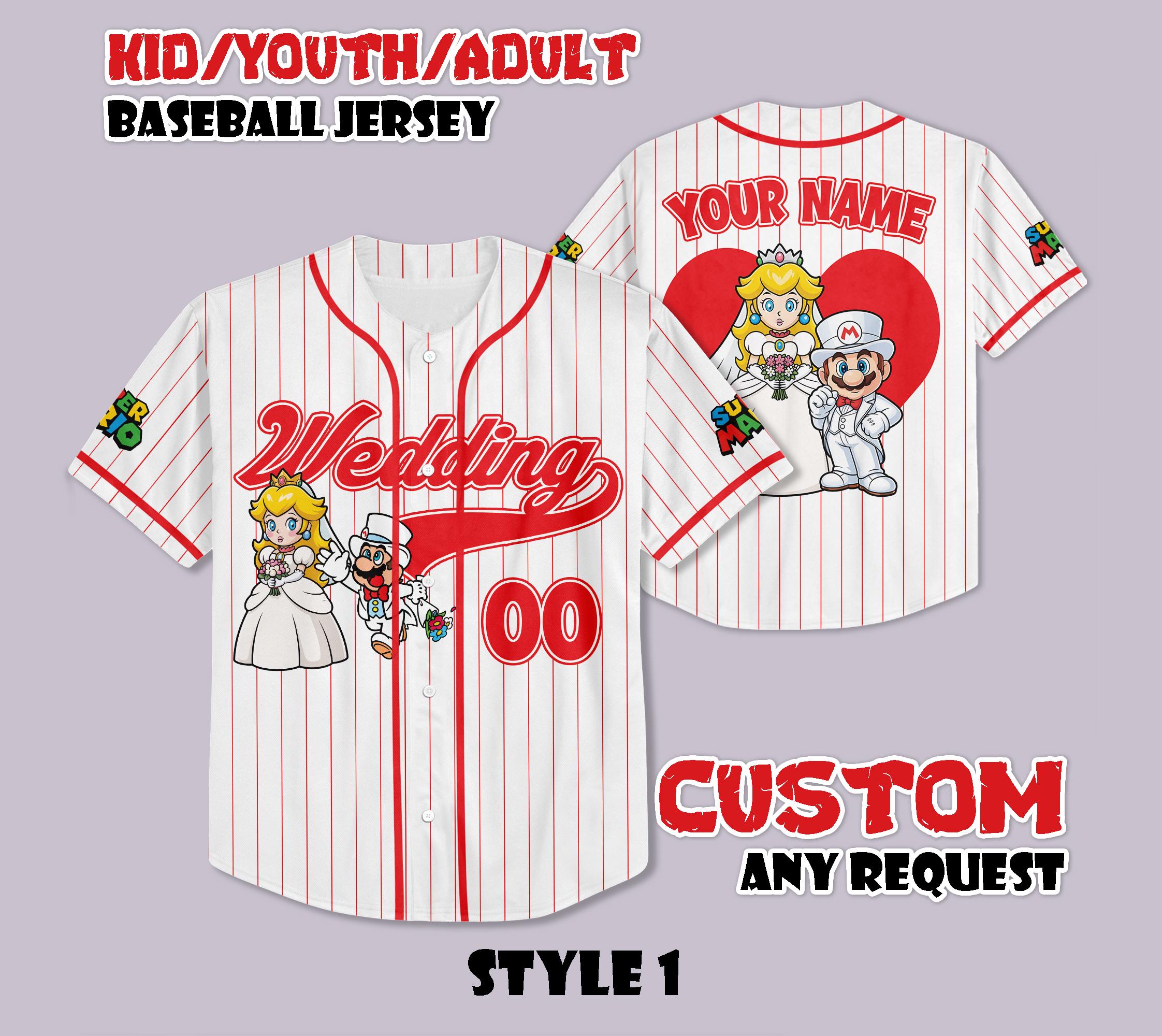 Discover Custom Mario & Peach Wedding Baseball Jersey, Super Mario Couple Baseball Shirt, Personalized Gamer Wedding Jersey, Wedding Gifts