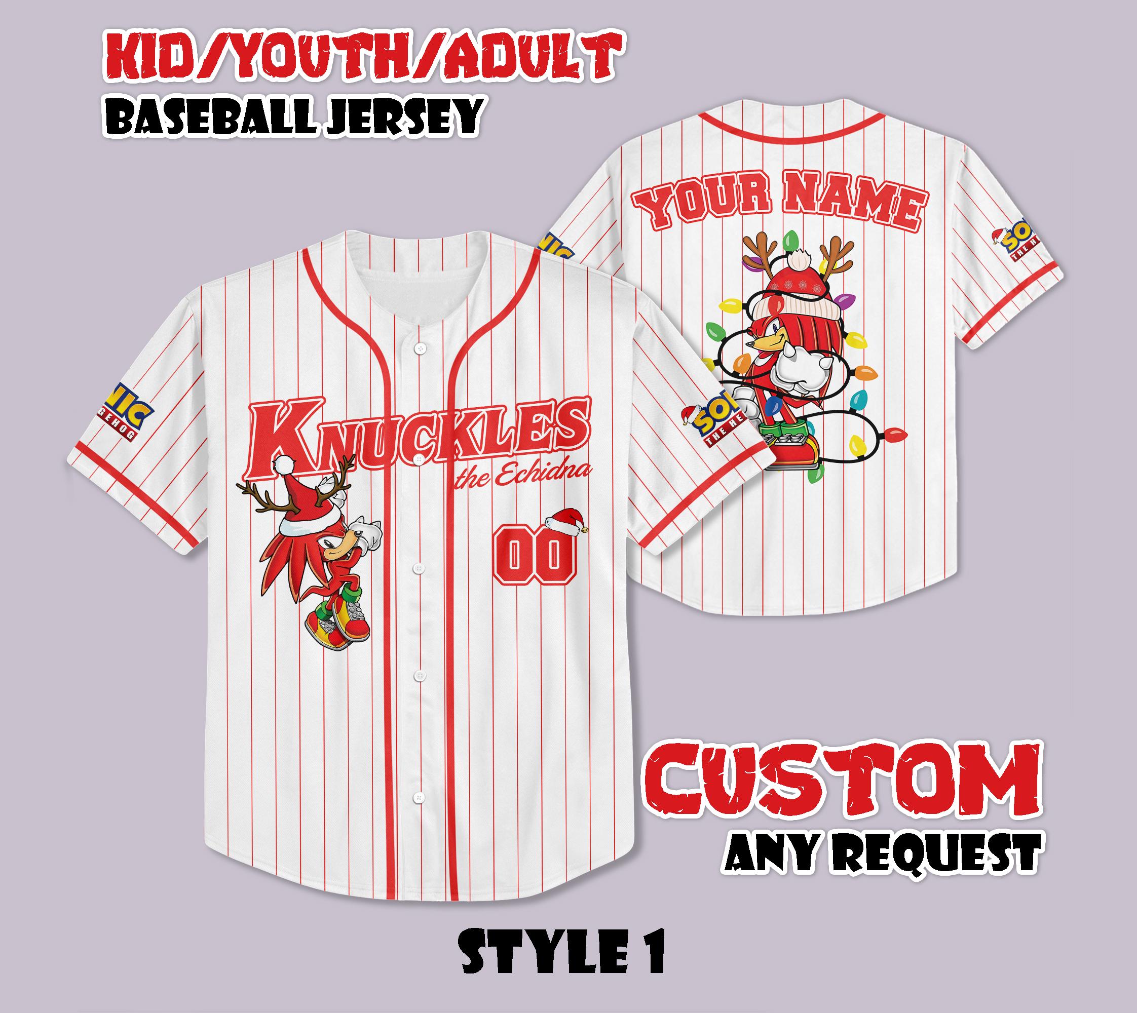 Discover Custom Knuckles the Echidna Christmas Baseball Jersey, Funny Sonic Party Shirt, Personalized Knuckles Xmas Jersey Shirt, Knuckles Fan Gift