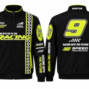 Op de afbeelding: Een zwart jack met ritssluiting, neongele accenten, een geblokte streep en Ford-branding. De voorkant toont de tekst "RACING INTO THE FUTURE RACING" en "SPEED PERFORMANCE". De achterkant heeft een groot neongeel nummer 9 en "RACING INTO THE FUTURE".