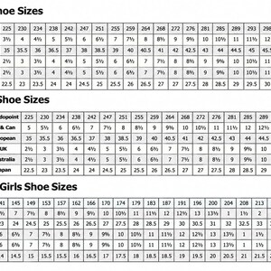 May include: A black and white shoe size conversion chart featuring three distinct tables labeled Mens Shoe Sizes, Ladies Shoe Sizes, and Boys & Girls Shoe Sizes. Each table lists Mondopoint, US & Can, European, UK, Australia, and Japan size equivalents.