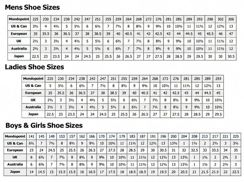 May include: A black and white shoe size conversion chart featuring three distinct tables labeled Mens Shoe Sizes, Ladies Shoe Sizes, and Boys & Girls Shoe Sizes. Each table lists Mondopoint, US & Can, European, UK, Australia, and Japan size equivalents.