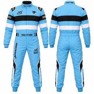 May include: A light blue racing suit featuring black and white horizontal stripes across the chest and arms. The suit includes the text "TRACK TO TREND" on the collar and belt, "RACING" on the leg, and "SPORTS RACING" with a checkered flag logo.